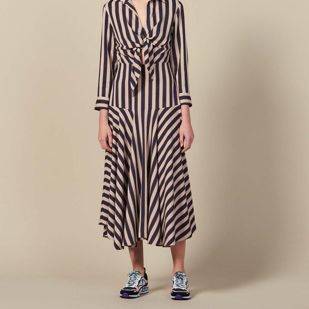 Sandro Paris Vilna Striped Tie-Front Midi Dress Beige/Blue Size 42 (US 10) NWT - Picture 3 of 12